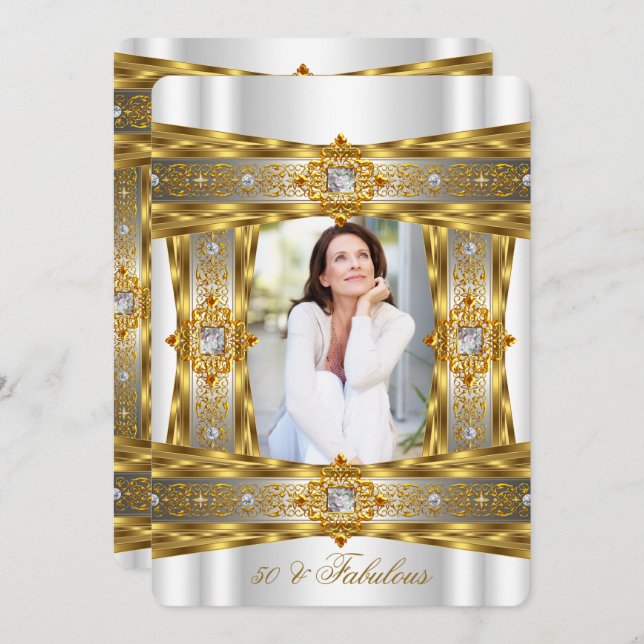 Convite Foto Dourada de 50 Gem Diamante Elegante (Frente/Verso)