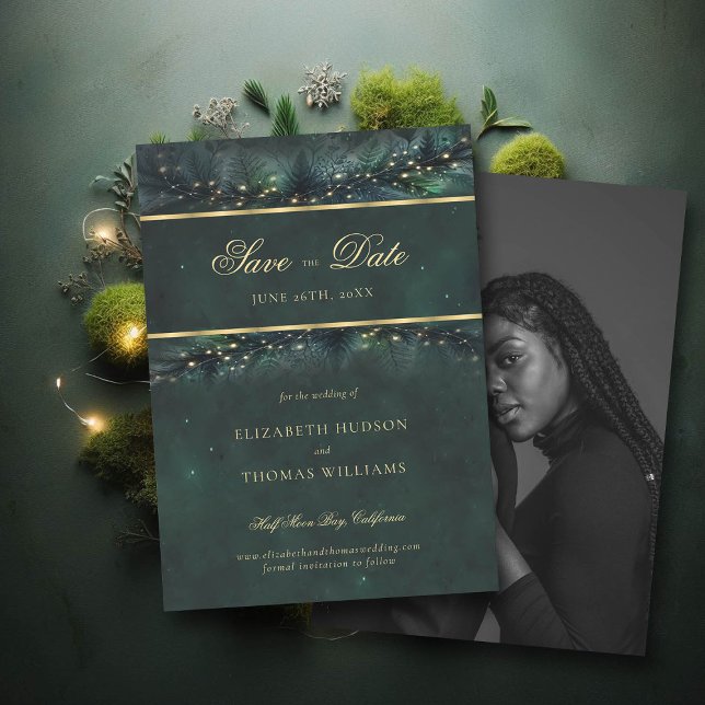 Convite Foto Dourada de Floresta Encantada Casamento Salve (wedding save the date enchanted forest fairytale magical fairy lights gold calligraphy)