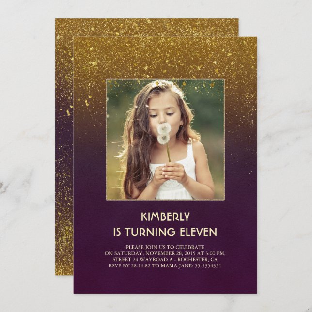 Convite Foto Dourada de Glam Vintage (Frente/Verso)