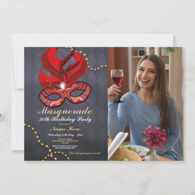 Convite Foto Dourada de máscara vermelha Festa de aniversá (Frente)