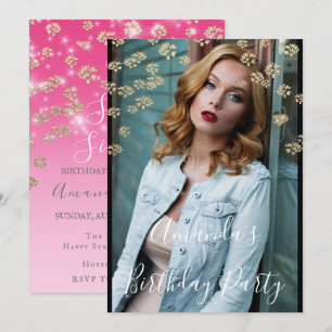 Convite Foto Dourada de Ombre Confetti, 16ª Flores Rosa