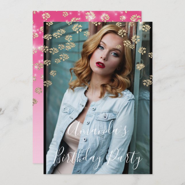 Convite Foto Dourada de Ombre Confetti, Flores Rosa 16, do (Frente/Verso)