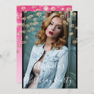 Convite Foto Dourada de Ombre Confetti, Flores Rosa 16, do