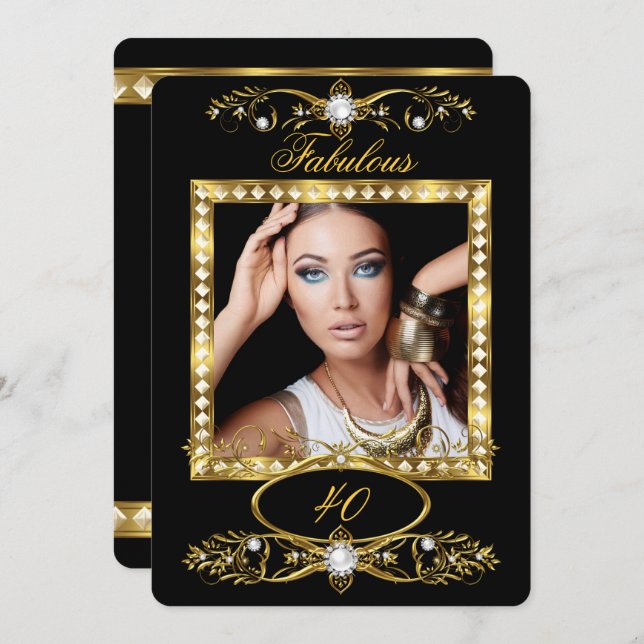 Convite Foto Dourada de pérola Festa de aniversário fabulo (Frente/Verso)