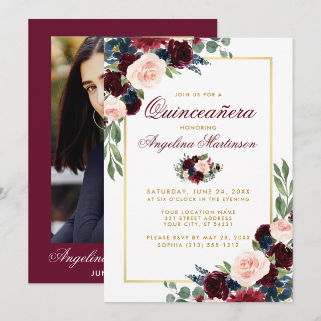 Convite Foto Dourada de Quinceanera Floral Azul Burgundy (Frente/Verso)