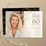 Convite Foto Dourada de surpresa Black Elegant 60º anivers<br><div class="desc">Sorvete floral e convite de aniversário 60º surpresa negra com sua foto na frente do cartão. Elegante design moderno com desenhos botânicos desenhados em destaque e letra de script de tipografia. Simples trendy convida cartão perfeito para uma festa de na moda. Pode ser personalizado para qualquer idade. Impressos convites Zazzle...</div>