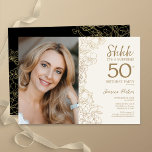 Convite Foto Dourada de Surpresa Negra 50º Aniversário<br><div class="desc">Sorvete floral e convite de aniversário preto surpresa 50º com sua foto na frente do cartão. Elegante design moderno com desenhos botânicos desenhados em destaque e letra de script de tipografia. Simples trendy convida cartão perfeito para uma festa de na moda. Pode ser personalizado para qualquer idade. Impressos convites Zazzle...</div>