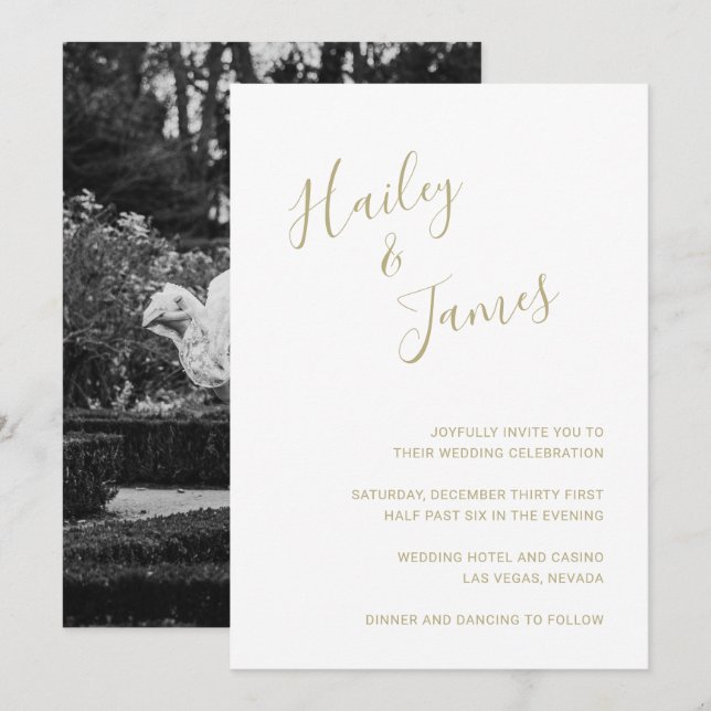 Convite Foto Dourada e legante de casamento moderno (Frente/Verso)