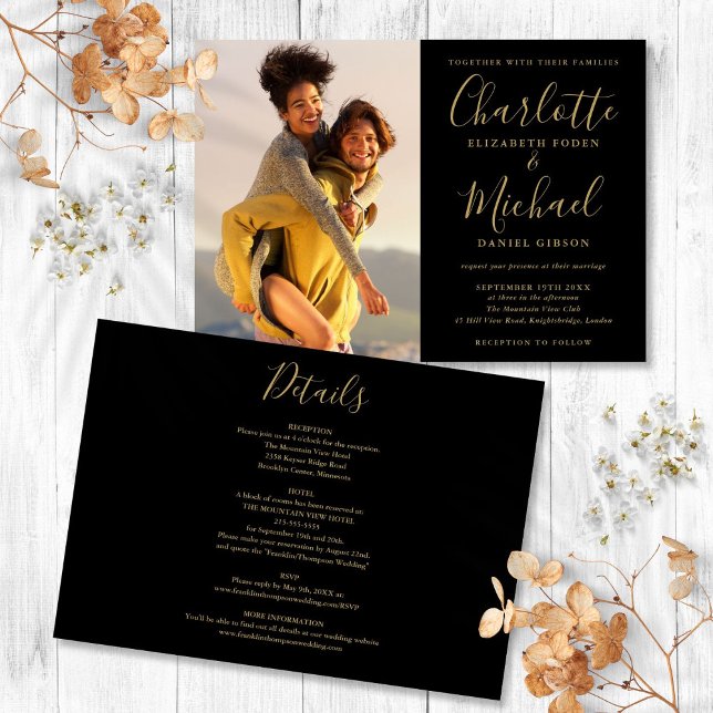 Convite Foto Dourada E Preta Casamento Em Um Único (Black And Gold Script Photo Wedding All In One Invitation)