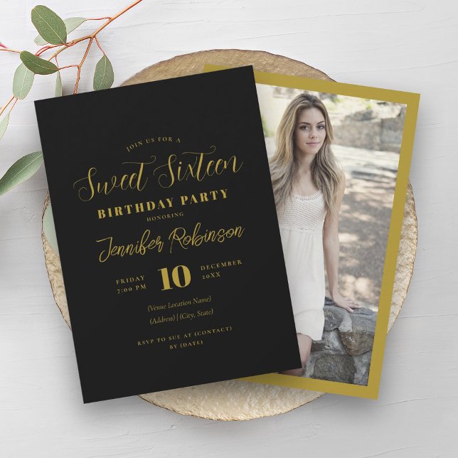 Convite Foto Dourada e preto simples doce 16 dezesseis (Simple Black & Gold Photo Sweet 16 Sixteen Invitation)
