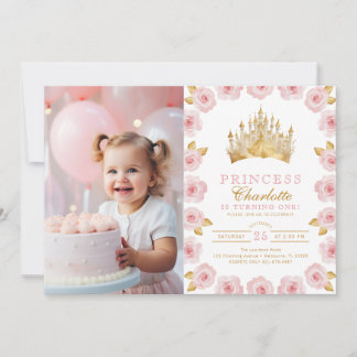 Convite Foto Dourada e rosa do primeiro aniversario da Pri