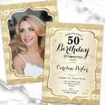 Convite Foto Dourada e simples Elegante 50º aniversário<br><div class="desc">Elegante convite de 50 anos femininos com sua foto na parte de trás do cartão. Design de vidro com ouro brilhante falso. Apresenta faixas douradas, fonte de script e confetti. Perfeito para uma festa de comemoração de na moda adulto. Personalize com seus próprios detalhes. Pode ser personalizado para qualquer idade!...</div>