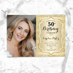 Convite Foto Dourada Elegante 50º aniversário<br><div class="desc">Elegante convite de 50 anos femininos com sua foto. Design de vidro com ouro brilhante falso. Apresenta faixas, fonte de script e confetti. Perfeito para uma festa de comemoração de na moda adulto. Personalize com seus próprios detalhes. Pode ser personalizado para qualquer idade! Impressos convites Zazzle ou modelo de impressão...</div>