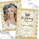 Convite Foto Dourada Elegante 50º aniversário<br><div class="desc">Elegante convite floral feminino de 50 anos com sua foto no final do cartão. Design de vidro com ouro brilhante falso. Apresenta faixas de ouro, rosas brancas, fontes de script e confetti. Perfeito para uma festa de comemoração de na moda adulto. Personalize com seus próprios detalhes. Pode ser personalizado para...</div>