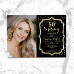 Convite Foto Dourada Elegante 50º aniversário<br><div class="desc">Elegante 50º convite de aniversário com sua foto. Design preto de vidro moderno com ouro brilhante falso. Possui fonte de script e confetti. Perfeito para uma festa de comemoração de na moda adulto. Personalize com seus próprios detalhes. Pode ser personalizado para qualquer idade! Impressos convites Zazzle ou modelo de impressão...</div>