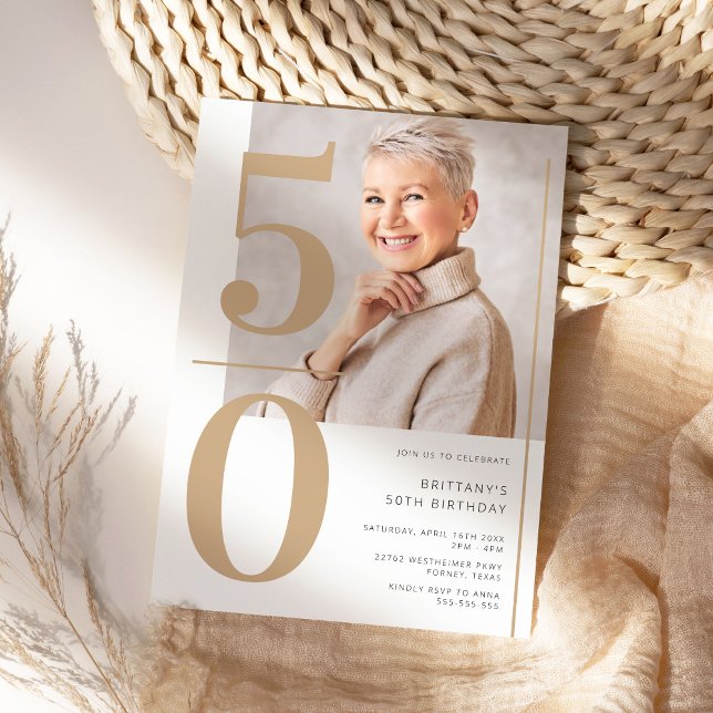Convite Foto Dourada Elegante 50º aniversário (Criador carregado)