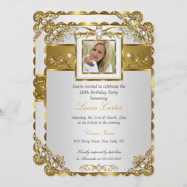 Convite Foto Dourada Elegante Pearl Damask Foto Aniversári (Frente/Verso)