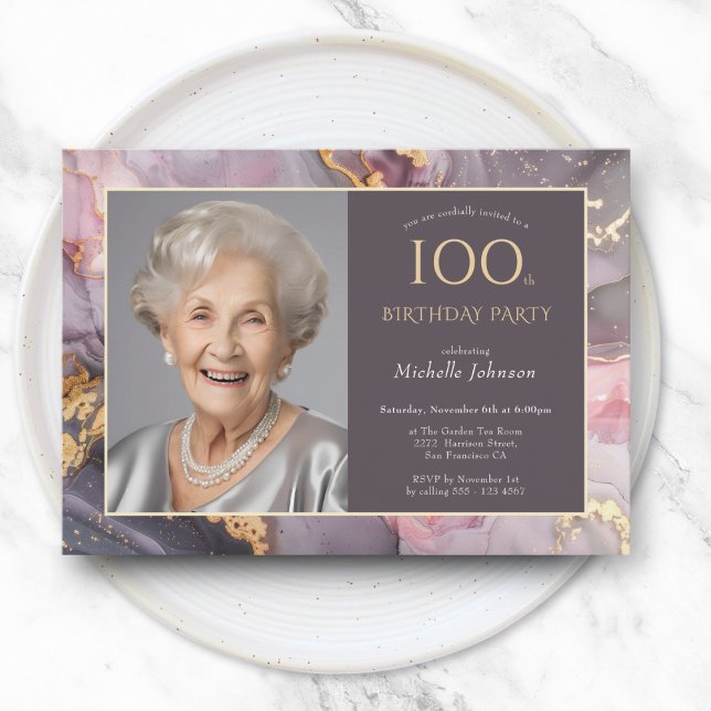Convite Foto Dourada Elegante Rosa 100º Aniversário (Elegant Pink Gold Photo 100th Birthday Invitation)