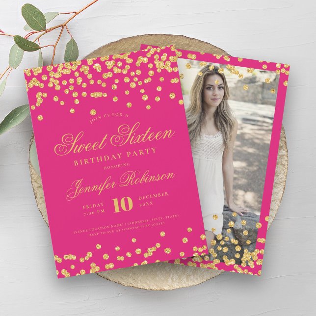 Convite Foto Dourada Elegante Rosa-Quente Confetti Sweet 1 (Elegant Hot Pink Gold Confetti Photo Sweet 16 Invitation)