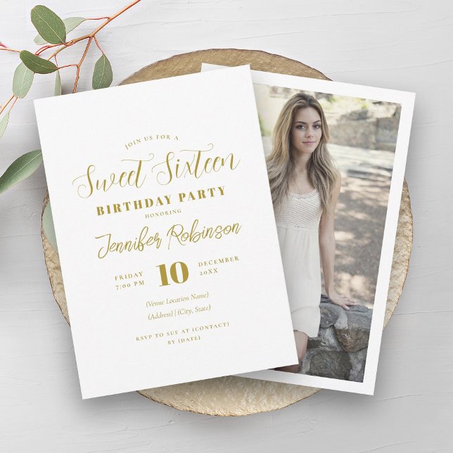Convite Foto Dourada Elegante Simples Doce 16 Dezesseis (Simple Elegant Gold Photo Sweet 16 Sixteen Invitation)