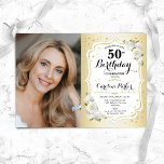 Convite Foto Dourada emblemática 50º aniversário do Elegan<br><div class="desc">Elegante convite floral feminino para o 50º aniversário com sua foto. Design com ouro falso. Possui rosas brancas, fonte de script e confetti. Perfeito para uma festa de comemoração de na moda adulto. Personalize com seus próprios detalhes. Pode ser personalizado para qualquer idade! Impressos convites Zazzle ou modelo de impressão...</div>