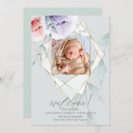 Convite Foto Dourada facetada Coral e Peônias Liláticas