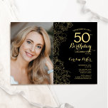 Convite Foto Dourada Floral Elegante 50º Aniversário<br><div class="desc">Convite de aniversário preto de ouro floral 50º com sua foto na frente da placa. Design minimalista moderno com desenhos botânicos em destaque, folha de ouro falsa e letra de script de tipografia. Simples trendy convida cartão perfeito para uma festa de na moda. Pode ser personalizado para qualquer idade. Impressos...</div>