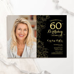 Convite Foto Dourada Floral Elegante 60º Aniversário<br><div class="desc">Convite de aniversário preto de ouro floral 60º com sua foto na frente da placa. Design minimalista moderno com desenhos botânicos em destaque, folha de ouro falsa e letra de script de tipografia. Simples trendy convida cartão perfeito para uma festa de na moda. Pode ser personalizado para qualquer idade. Impressos...</div>