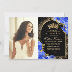 Convite Foto Dourada Floral Real Azul Quinceanera