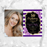 Convite Foto Dourada Floral Roxo 50º Aniversário<br><div class="desc">Elegante convite floral feminino para o 50º aniversário com sua foto. Glam roxo, preto, design branco com ouro brilhante falso. Apresenta faixas, rosas de lavanda, fonte de script e confetti. Perfeito para uma festa de comemoração de na moda adulto. Personalize com seus próprios detalhes. Pode ser personalizado para qualquer idade!...</div>