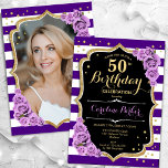 Convite Foto Dourada Floral Roxo 50º Aniversário<br><div class="desc">Elegante convite floral feminino de 50 anos com sua foto no final do cartão. Design preto branco roxo com ouro brilhante. Apresenta faixas, rosas roxos, fontes de script e confetti. Perfeito para uma festa de comemoração de na moda adulto. Personalize com seus próprios detalhes. Pode ser personalizado para qualquer idade!...</div>