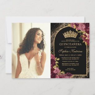 Convite Foto Dourada Floral Vermelha Burgundy Quinceanera