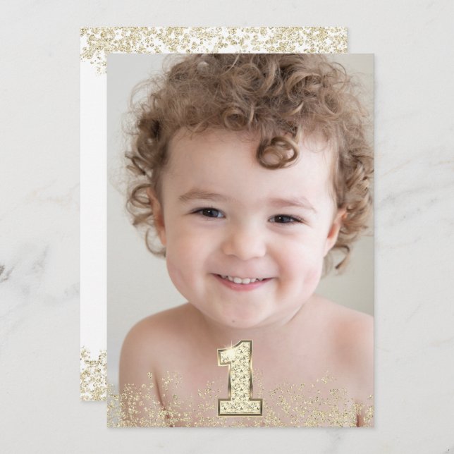 Convite Foto Dourada Glitter Boys Festa de primeiro aniver (Frente/Verso)