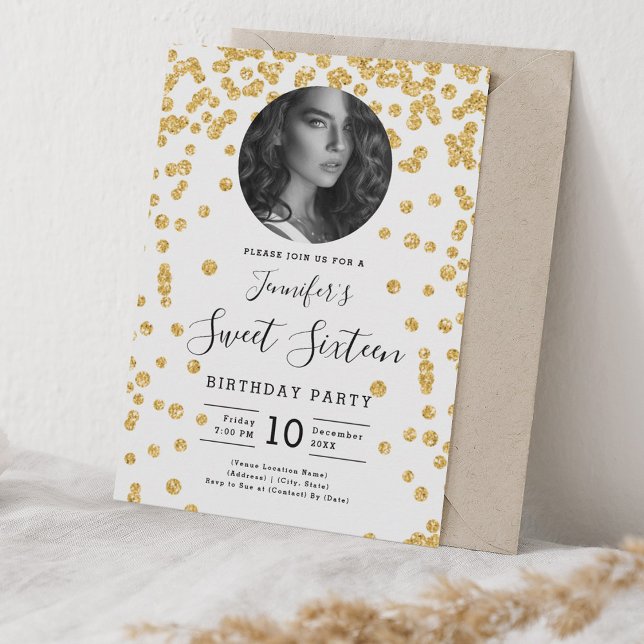 Convite FOTO Dourada Glitter Confetti Sweet 16 Party (PHOTO Gold Glitter Confetti Sweet 16 Party Invitation)