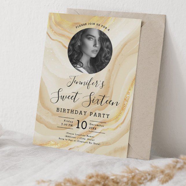 Convite FOTO Dourada Marble Glitter Doce Festa 16 (PHOTO Gold Marble Glitter Sweet 16 Party Invitation)