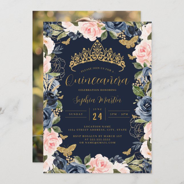 Convite Foto Dourada Marinho Rosa Borboleta Floral Quincea (Frente/Verso)