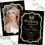 Convite Foto Dourada negra 50º aniversário<br><div class="desc">Elegante 50º convite de aniversário com sua foto no fundo do cartão. Design preto de vidro com ouro brilhante falso. Possui fonte de script e confetti. Perfeito para uma festa de comemoração de na moda adulto. Personalize com seus próprios detalhes. Pode ser personalizado para qualquer idade! Impressos convites Zazzle ou...</div>