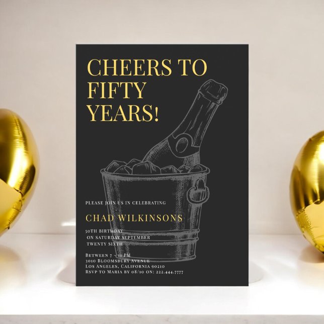 Convite Foto Dourada negra minimalista 50º aniversário (fifty,50th birthday invitations,modern,typography,adult birthday party,photo,milestone,stylish)