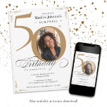 Convite Foto Dourada personalizada surpresa do 50º anivers<br><div class="desc">Surpreenda 50º Aniversário Dourado Convite Fotográfico Personalizado Branco. E elegantemente desenhado convite especial para comemoração de aniversário, com uma foto personalizada de pessoa de aniversário e caligrafia de script com elementos florescentes de vintage. Simples o suficiente para ajustado de uma variedade de temas e cores! Precisa de ajuda? Basta entrar...</div>