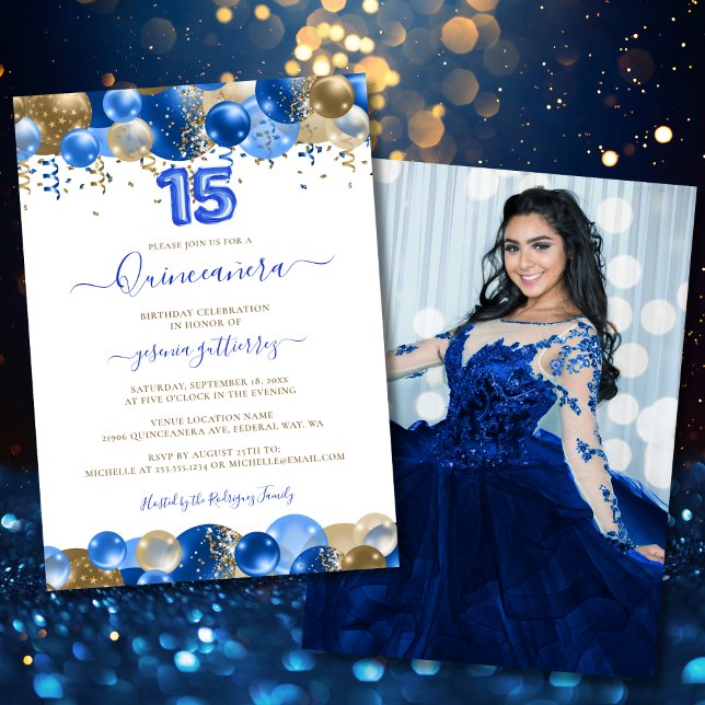 Convite Foto Dourada Real Quinceañera Balloon (Royal Blue Gold Quinceañera Balloon Photo Invitation)