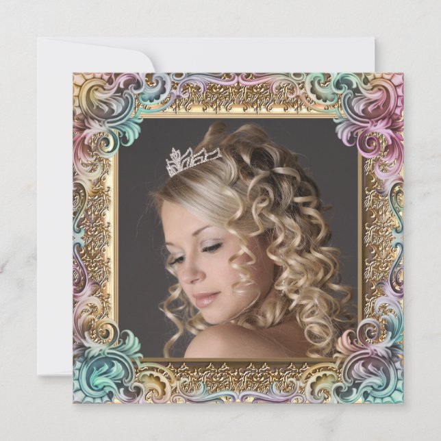 Convite Foto Dourada rosa, doce, 16 Festas de aniversário (Frente)