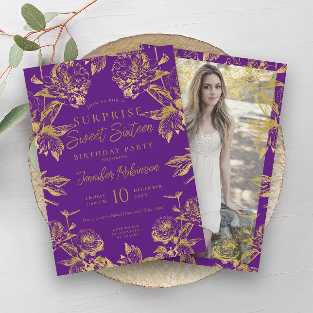 Convite Foto Dourada Roxa SURPRISE Sweet 16 (Purple Gold Floral Photo SURPRISE Sweet 16 Invitation)
