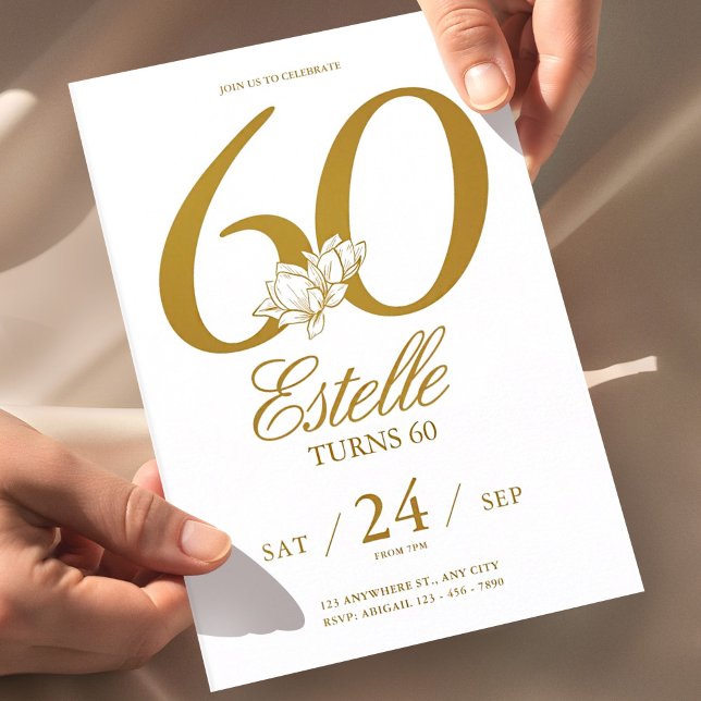 Convite Foto Dourada Salve a Data 60º Aniversário (60th birthday invitation white gold, elegant floral birthday invite, minimalist gold birthday invita)