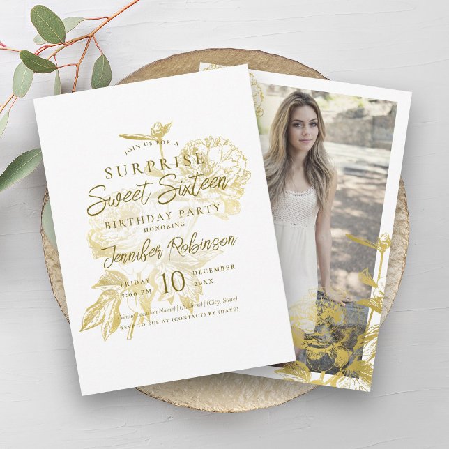 Convite Foto Dourada simples SURPRISE Sweet 16 (Simple Gold Floral Photo SURPRISE Sweet 16 Invitation)