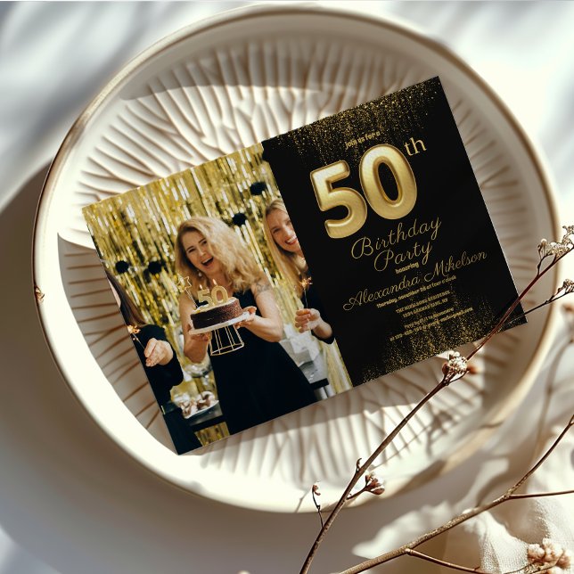 Convite Foto Dourada Tipografia Preta 50.º aniversário (Criador carregado)
