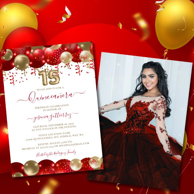 Convite Foto Dourada vermelha Quinceañera Balloon (Red Gold Sparkle Quinceañera Balloon Photo Invitation)