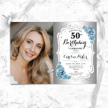 Convite Foto Dusty Blue Silver 50º aniversário<br><div class="desc">Elegante convite floral feminino para o 50º aniversário com sua foto. Glam design com falso prata. Apresenta rosas azuis leves, fontes de script e confetti. Perfeito para uma festa de comemoração de na moda adulto. Personalize com seus próprios detalhes. Pode ser personalizado para qualquer idade! Impressos convites Zazzle ou modelo...</div>