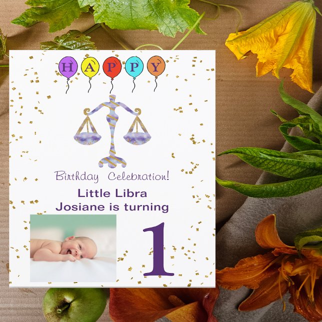 Convite Foto e aniversário de Libra com Dourado e Balões (Criador carregado)