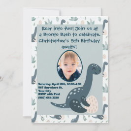 Convite Foto e nome personalizados do dinossauro verde-azu