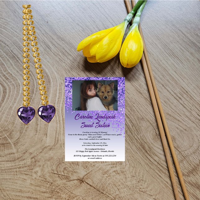 Convite Foto e queda de brilho roxo Doce Dezesseis (Criador carregado)